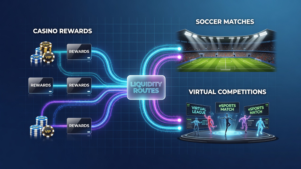 Karte der Liquiditätsrouten mit Verbindungen zu Fußball-Matches und virtuellen Wettbewerben