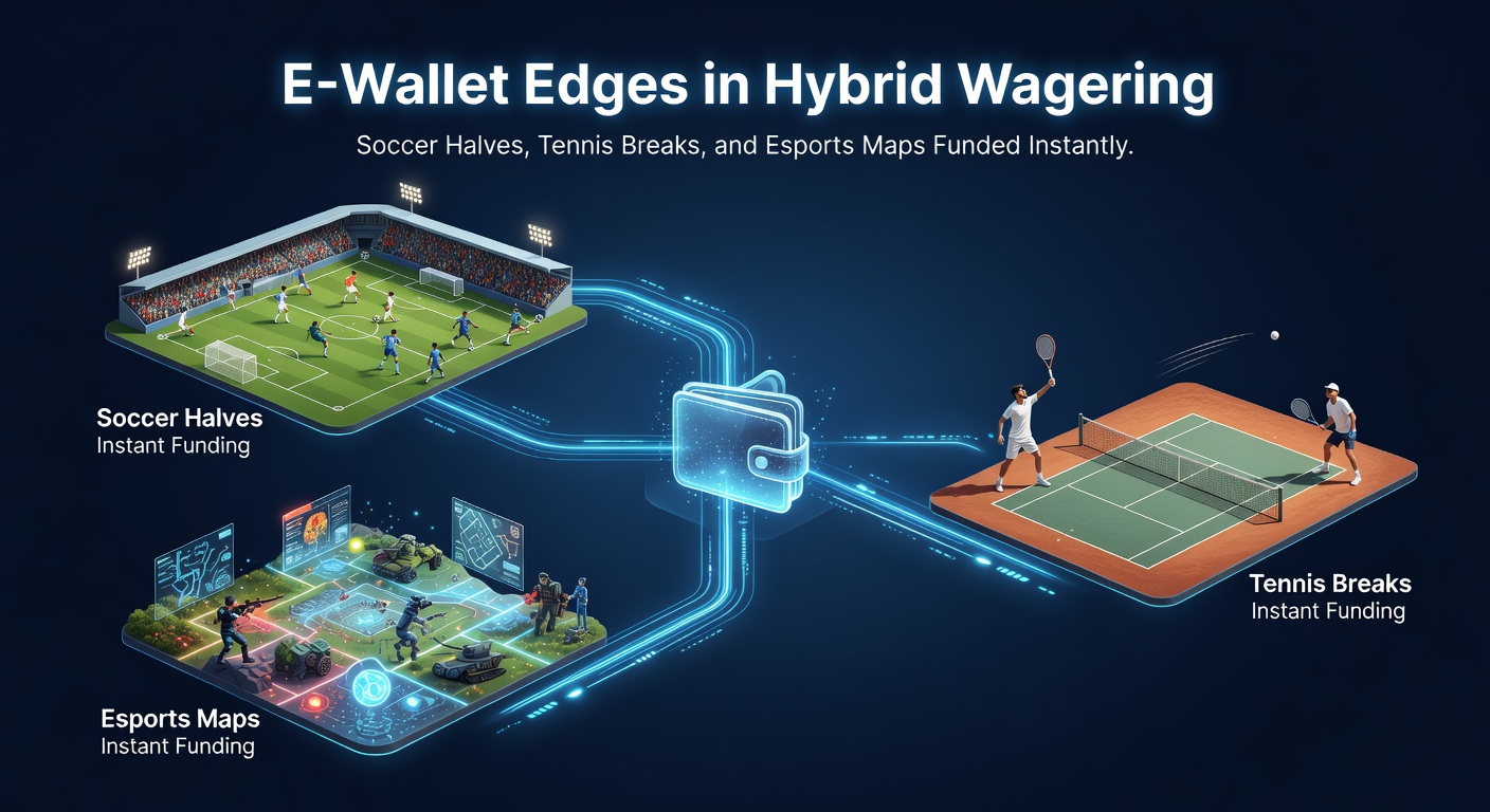 Dynamische Szene mit Fußballspiel, Tennis-Match und Esports-Action, unterlegt von E-Wallet-Icons für instant Wetten