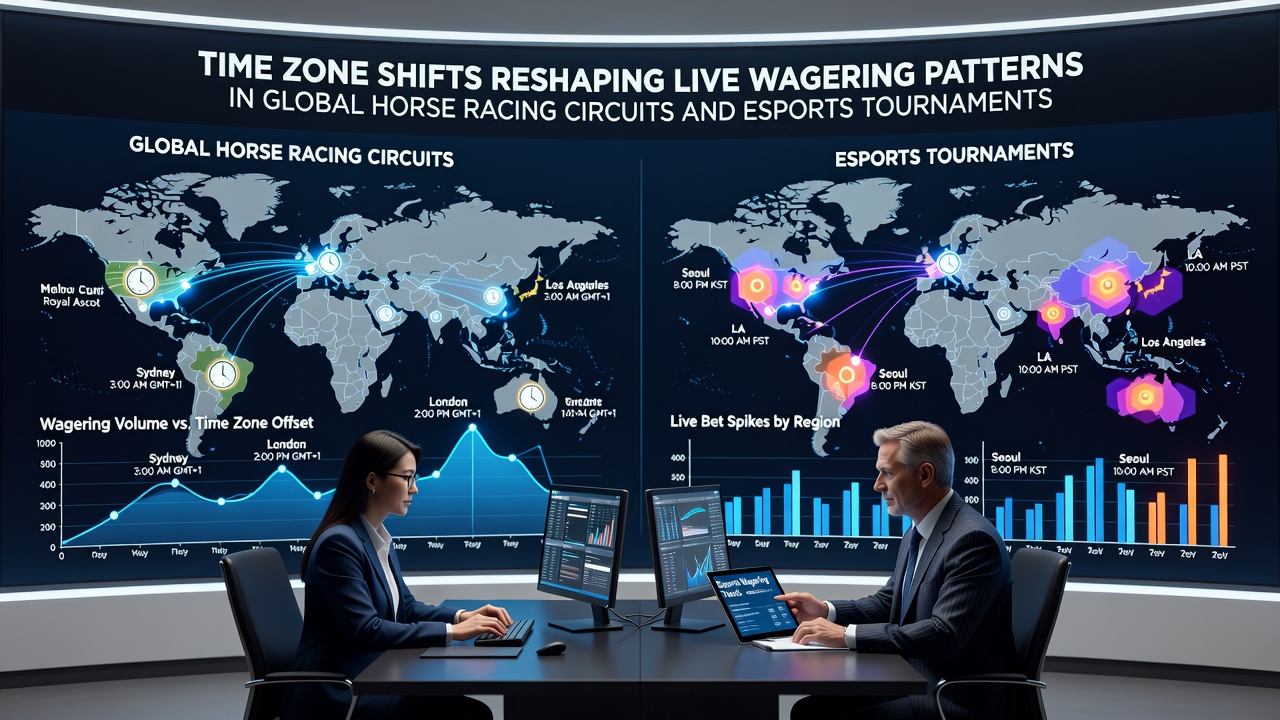 Live-Wettinterface mit Zeitzonen-Anzeige und aktiven Pferderennen sowie Esports-Matches